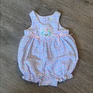 Pink and Blue Plaid Baby girls  Romper gingham bubble romper size 3 to 6 months